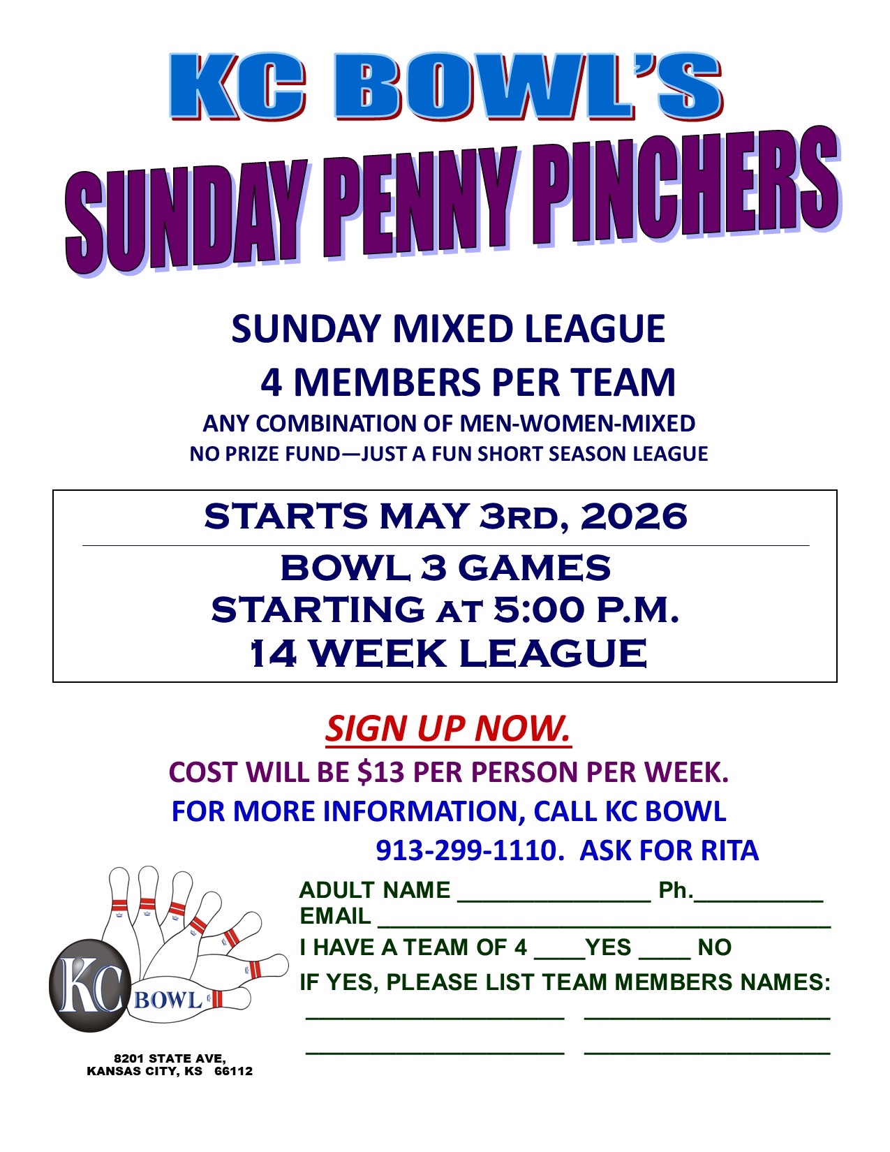 Sunday penny pinchers league: Sunday's @ 5:00PM
